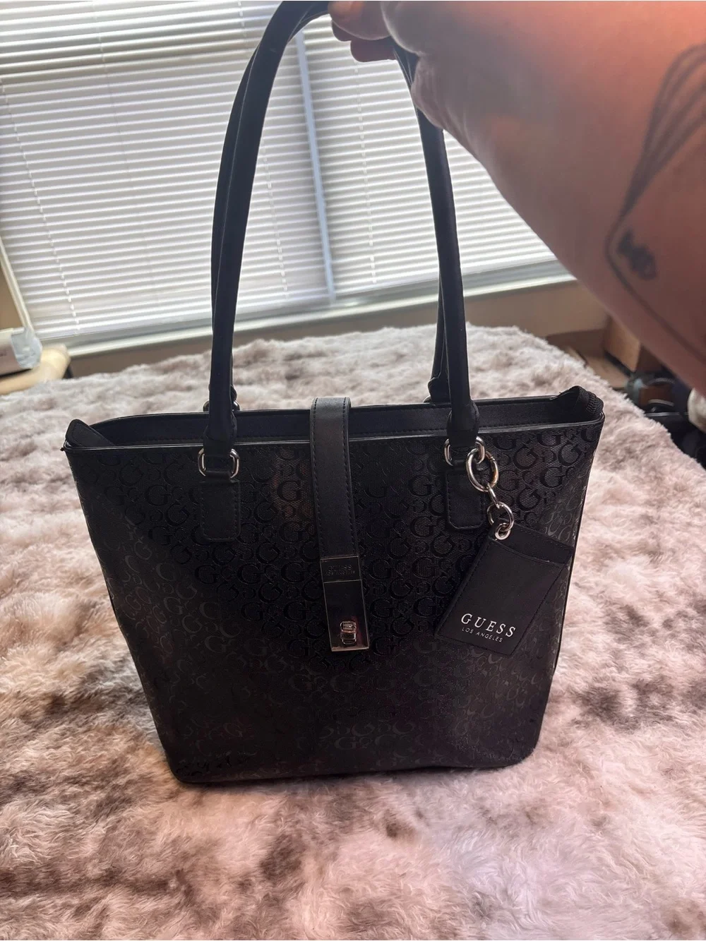 GUESS Black Logo-Print Tote with Tag Charm